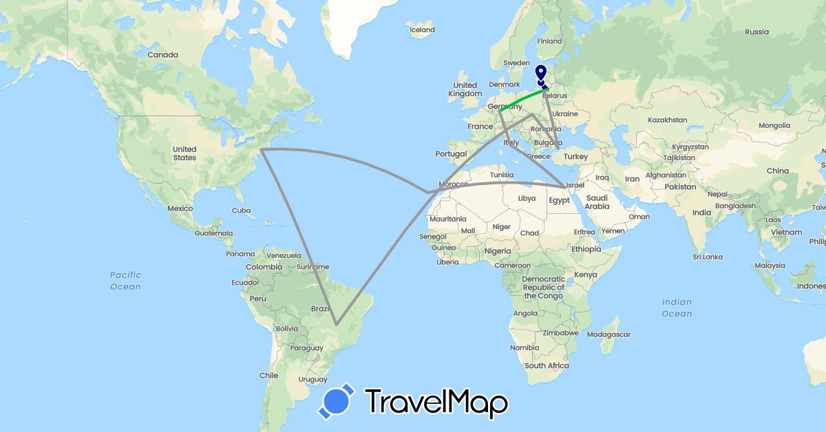 TravelMap itinerary: driving, bus, plane in Brazil, Germany, Egypt, Spain, Italy, Lithuania, Poland, Turkey, United States (Africa, Asia, Europe, North America, South America)